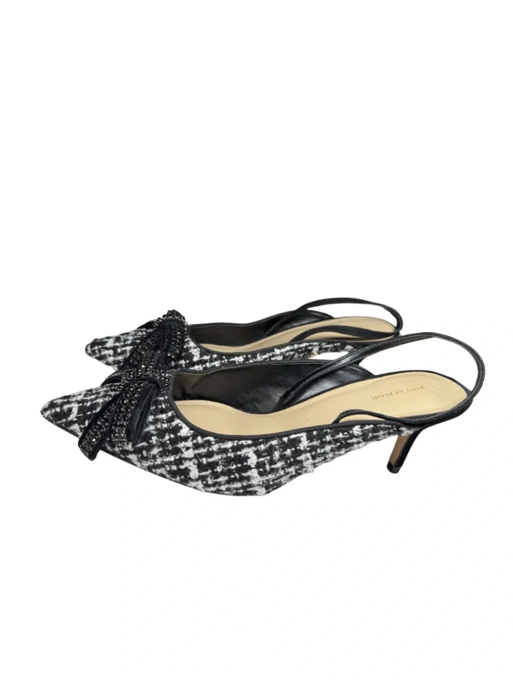 Ann Taylor Black & White Tweed Slingback Pointed Toe kitten heels 9 bow beaded